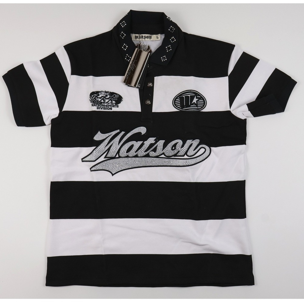 Watson Rugby Polo Shirt Black White Striped Rhinestone Large NWT MSRP 130